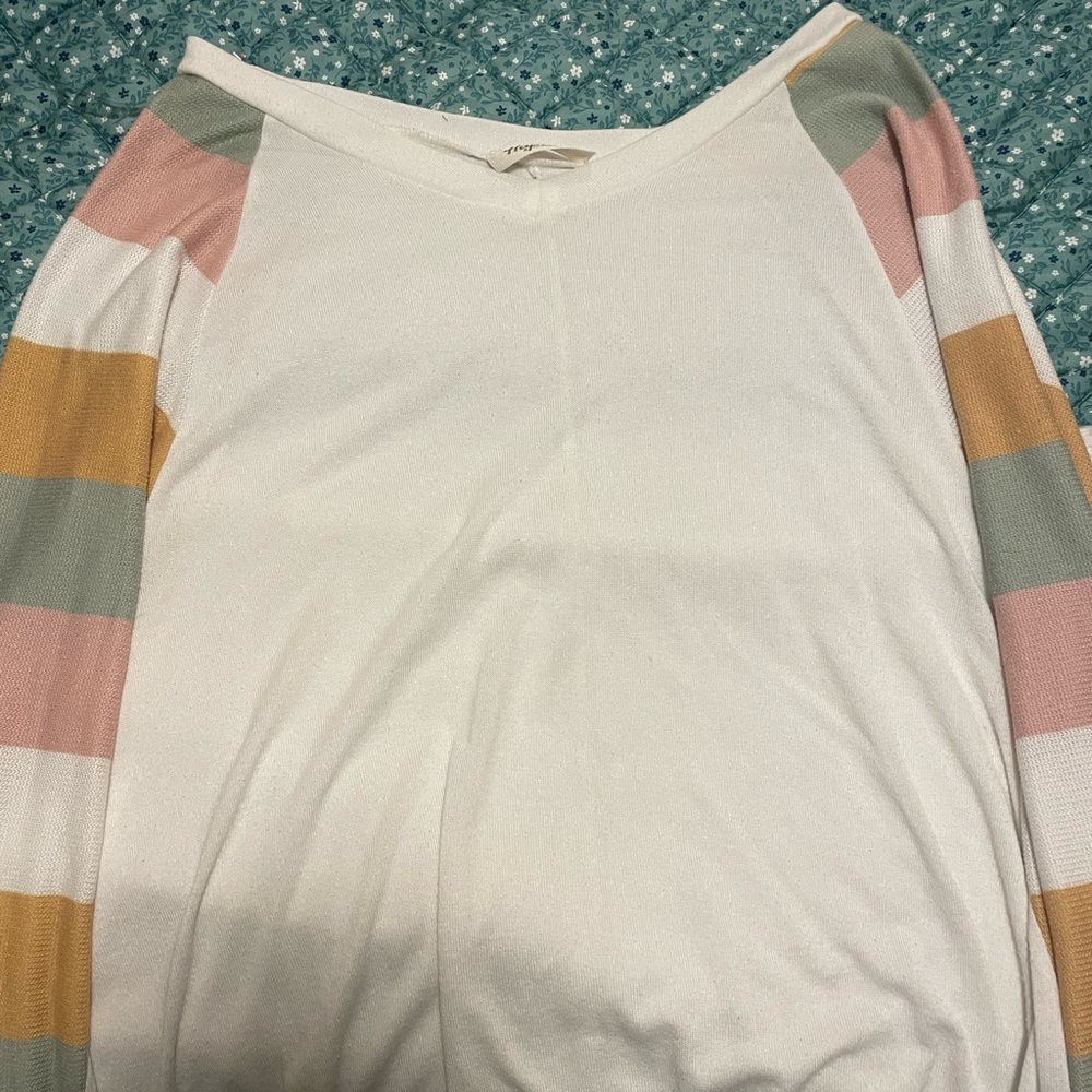 Cream and Pink V-Neck Long Sleeve Sweater
